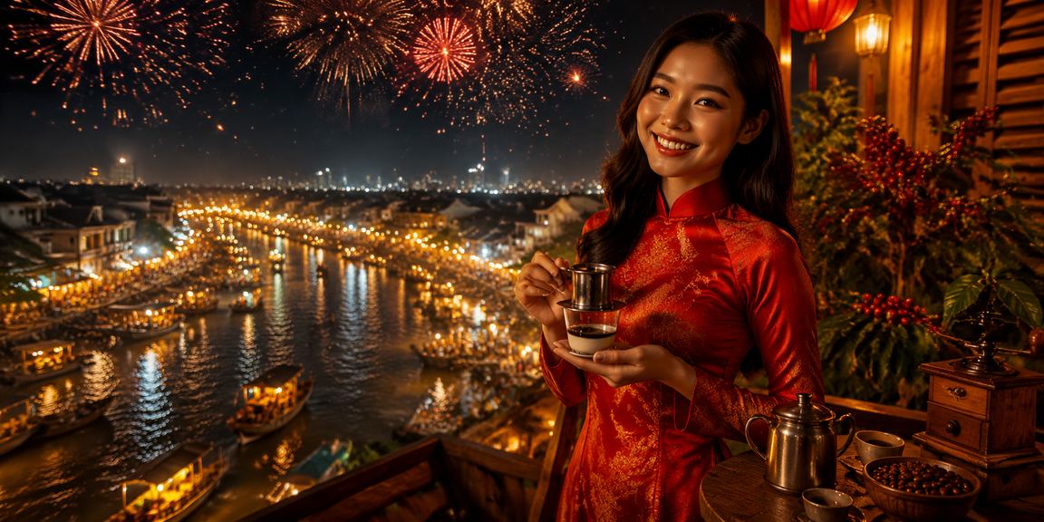 Người dùng thưởng thức cà phê và xem thông tin khuyến mãi tại vùng Mekong